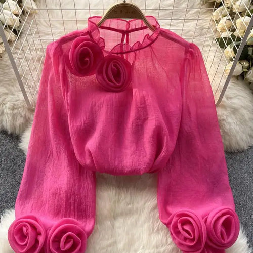 Load image into Gallery viewer, Vintage French Style Solid Elegant 3d Floral Blouses Autumn Women's Vintage Long Sleeve Shirts Holiday Ruffles Tops Simplicity
