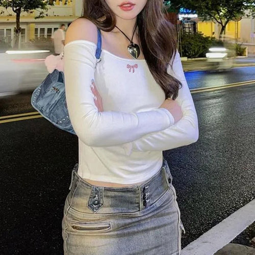 Load image into Gallery viewer, Off Shoulder Top y2k Clothing Women Rhinestone Bow Print Long Sleeve Backless T Shirt Fairy Grunge Clothes Streetwear
