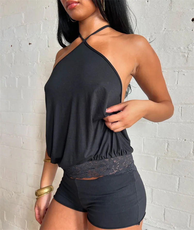 Halter Backless Sexy Mini Dress Women Robe Fashion Summer New Lace Patchwork Sleeveless Pleated Ruffled Club Dress