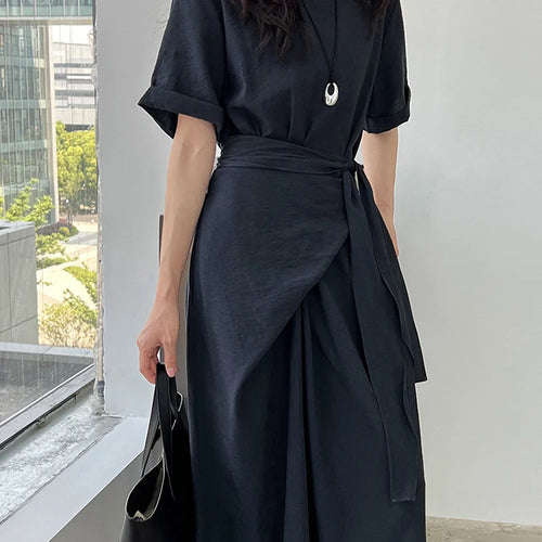 Load image into Gallery viewer, Women Navy Blue Cross Bandage Big Size Elegant Midi Dress New Round Neck Short Sleeve Fashion Spring Summer 2025 1DJ1359
