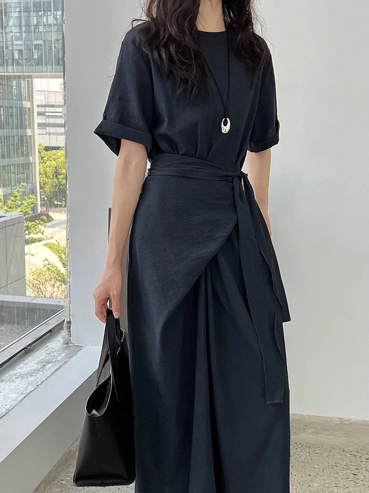 Women Navy Blue Cross Bandage Big Size Elegant Midi Dress New Round Neck Short Sleeve Fashion Spring Summer 2025 1DJ1359