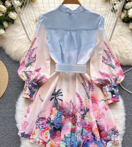 Spring Autumn French Temperament Button Ruffles Print Shirt Short Dress Women Blue Floral Pleated Party A-line Mini Dresses Y2k