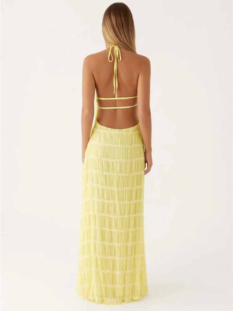Halter Backless Sexy Maxi Dress For Women Spring Summer New Lace-up Sleeveless Pleated Beach Holiday Long Dress Elegant