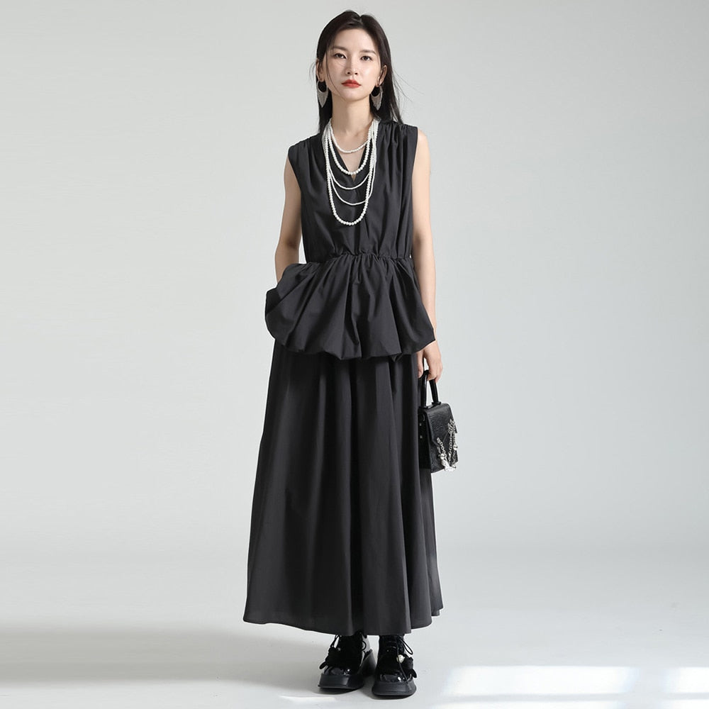 Patchwork Folds Dresses For Women V Neck Sleeveless High Waist Solid Temperament A Line Dress Female Fashion