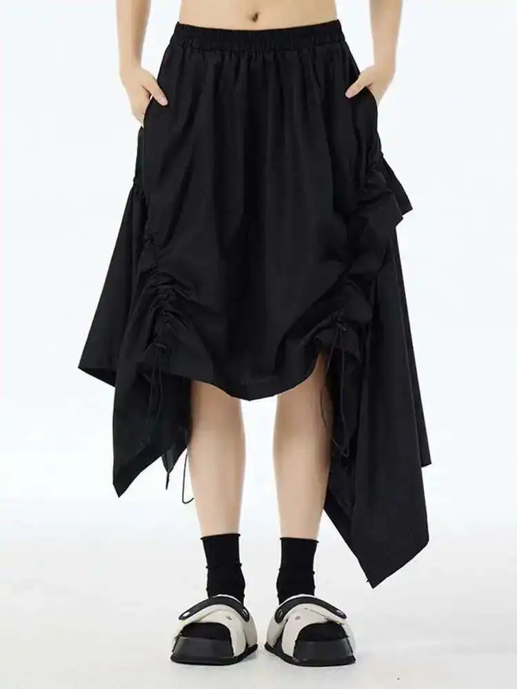High Elastic Waist Green Irregular Hem Drawstring Half-body Skirt Women Fashion Tide New Spring Autumn 2025 1DH6545