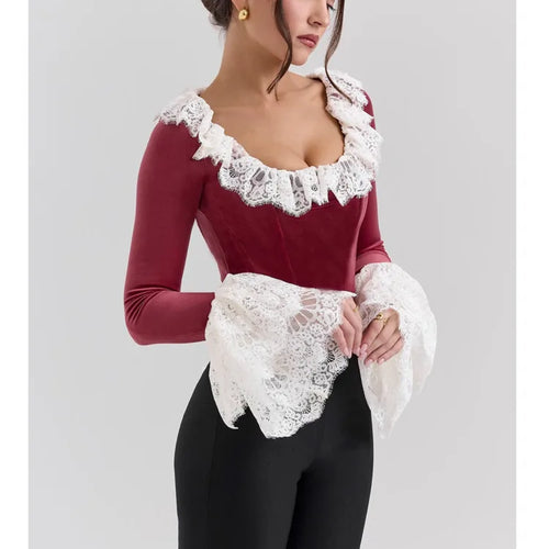 Load image into Gallery viewer, Fashion Lace Lace Korean Velvet Patchwork Elastic Tight Women's Top Sexy Bandage T-shirt Autumn/Winter Long Sleeve 2025
