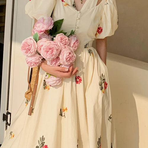 Load image into Gallery viewer, High Street Embroidery Fake Two-piece Women Dress Korean Style Apricot Puff Sleeve Summer Elegant Sweet Female Dresses
