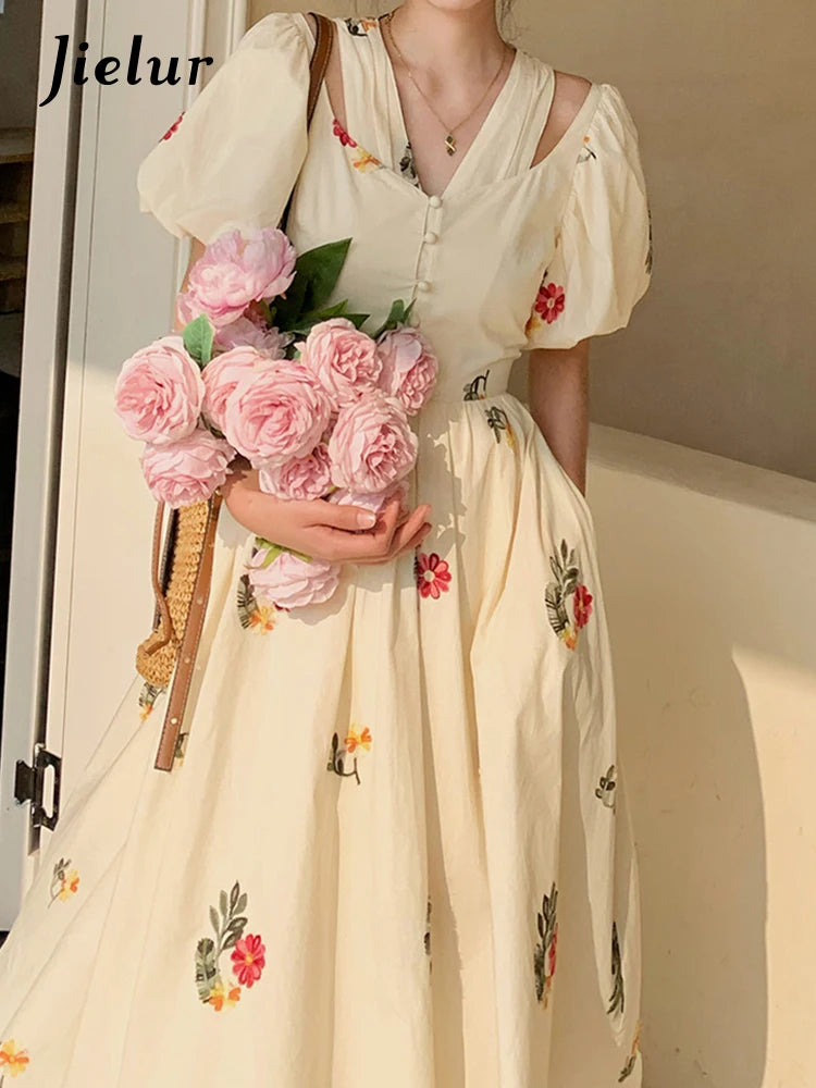 High Street Embroidery Fake Two-piece Women Dress Korean Style Apricot Puff Sleeve Summer Elegant Sweet Female Dresses