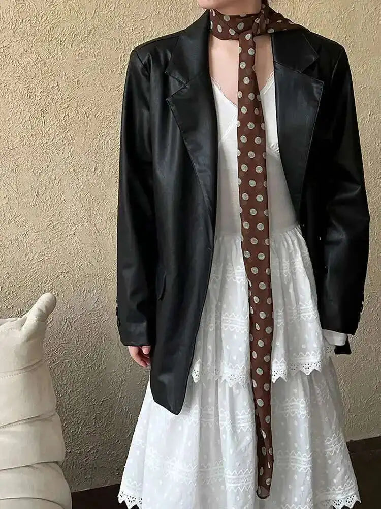 Coffee Brief Big Size Casual PU Leather Jacket New Lapel Long Sleeve Women Coat Fashion Tide Spring Autumn 2025 1DH9978