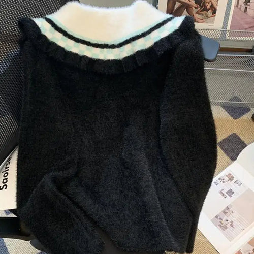 Load image into Gallery viewer, French Vintage Black White Patchwork Mink Sweater Women's 2024 Autumn Winter New Elegant Long Sleeve Cardigan Knit Tops Fashion
