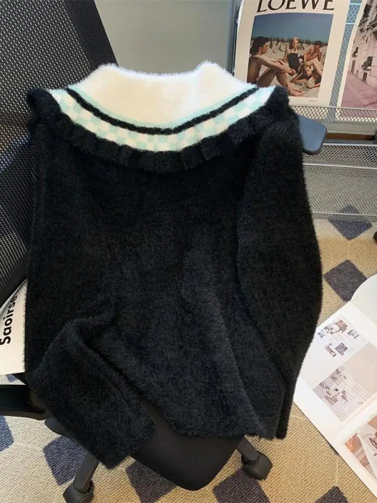 French Vintage Black White Patchwork Mink Sweater Women's 2024 Autumn Winter New Elegant Long Sleeve Cardigan Knit Tops Fashion