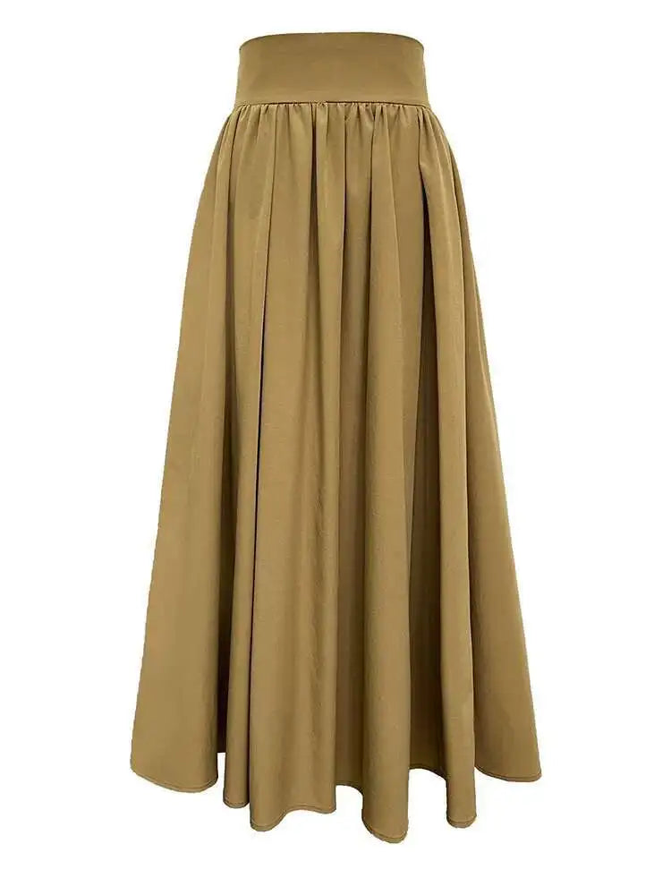 High Waist Apricot Brown Pleated Long Casual A-line Half-body Skirt Women Fashion Tide New Spring Autumn 2025 1DF5093