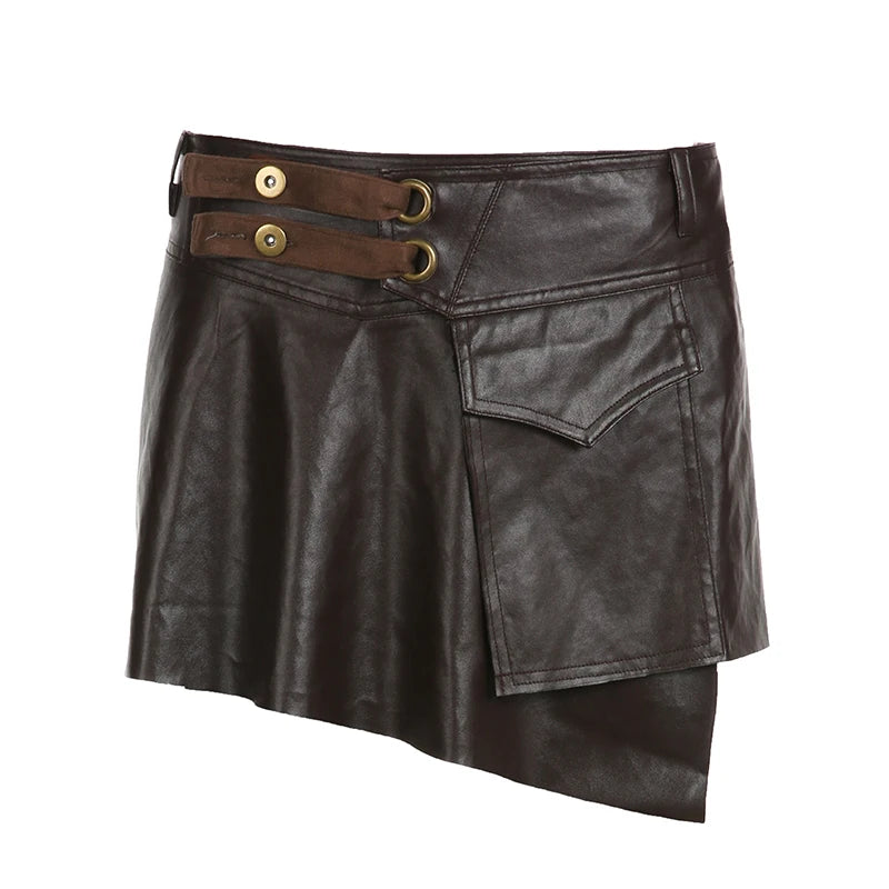 Asymmetrical Brown Wrap Summer Leather Skirt Women Streetwear Fashion Mini Party Skirts Low Rise Button Retro Outfits