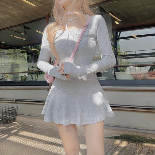 Load image into Gallery viewer, Korean Grey Knit Autumn Dress Women Buttons Solid Casual Basic Coquette Clothes A-Line Mini Dress Preppy Style Kawaii
