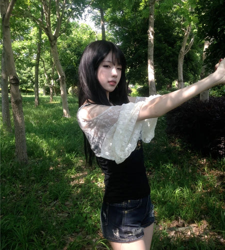 Summer Fake Two Pieces Lace Patchwork Women T-shirt Harajuku Off Shoulder Slim Fit Tops Y2k Aesthetic Grunge Ruffle Sleeve Tees