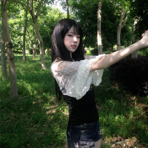 Load image into Gallery viewer, Summer Fake Two Pieces Lace Patchwork Women T-shirt Harajuku Off Shoulder Slim Fit Tops Y2k Aesthetic Grunge Ruffle Sleeve Tees
