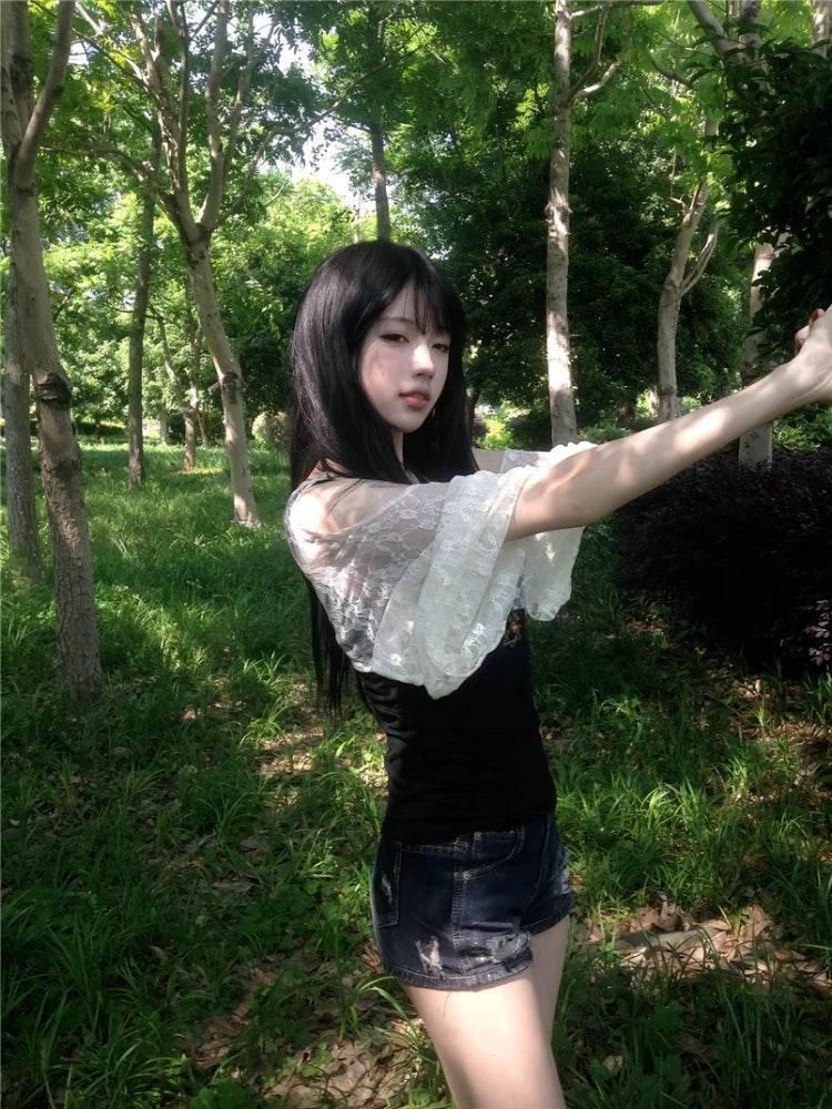 Summer Fake Two Pieces Lace Patchwork Women T-shirt Harajuku Off Shoulder Slim Fit Tops Y2k Aesthetic Grunge Ruffle Sleeve Tees
