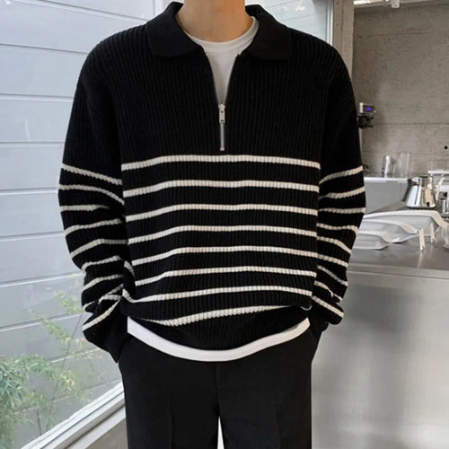 Load image into Gallery viewer, Autumn Men&#39;s Lapel Sweater Long Sleeve Korean Loose Casual Half Zipper Striped Fashion Temperament Male Pullover 9A5791
