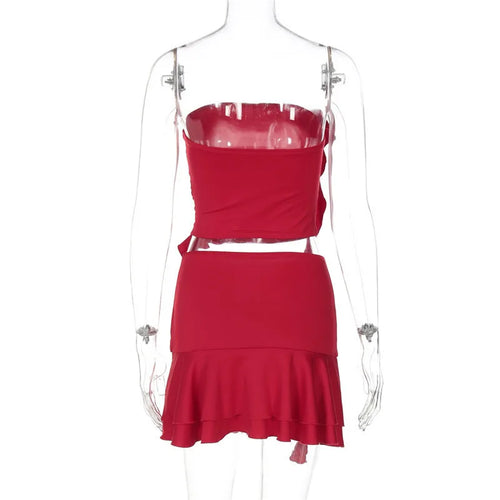 Load image into Gallery viewer, Sexy Women Dress Sets Rose Strapless Crop Tops And Mini Skirt Sets Female Elegant Ruffled Club Party Two Piece Sets
