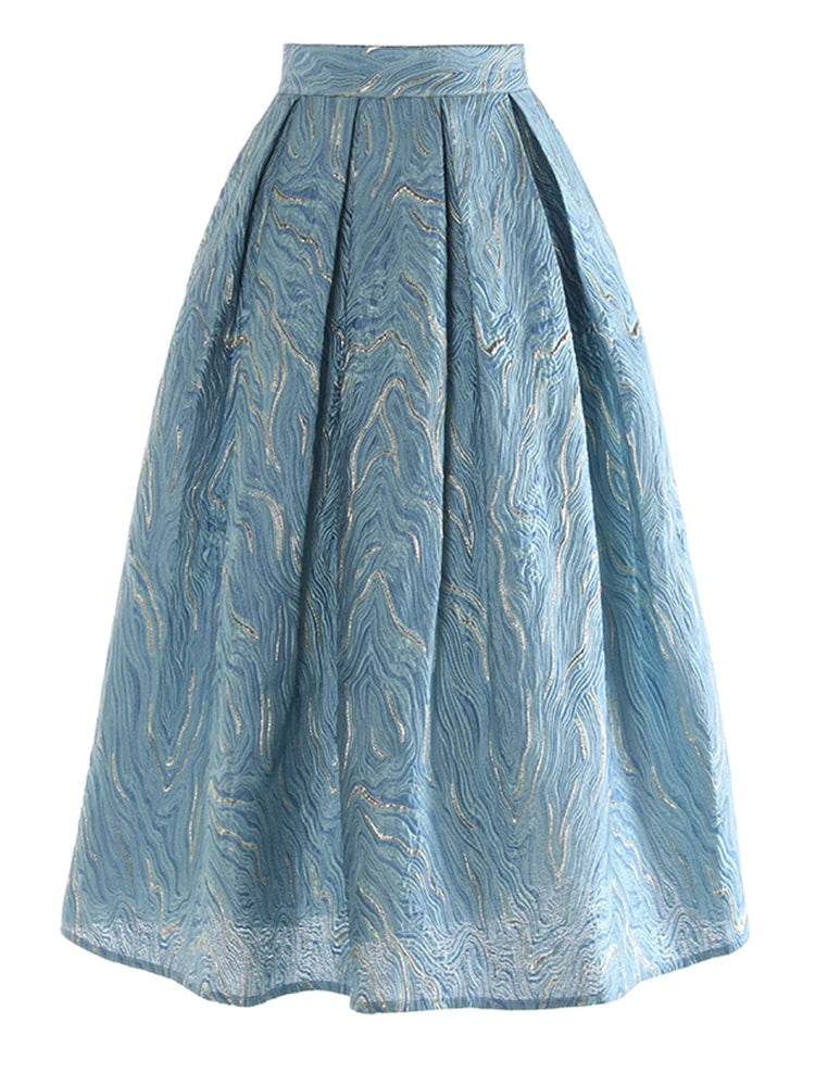 High Elastic Waist Blue Jacquard Textured Pleated A-line Half-body Skirt Women Fashion Tide New Spring Autumn 2025 1DJ1141