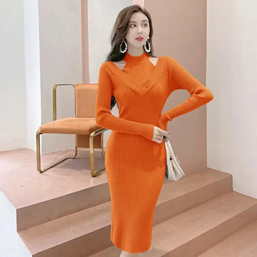 Load image into Gallery viewer, French Women Solid Elegant Festival Hollow Out Knit Dress Autumn Long Sleeve Slim Ladies Fashion Wrap Hip Dresses Clothing Trend
