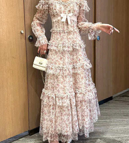 Hit Color Printing Slimming Dresses For Women Square Neck Long Sleeve  High Waist Temperament Long Dress Female New