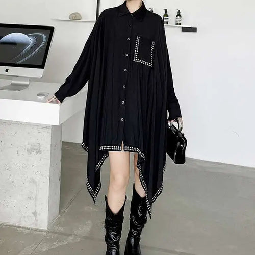 Load image into Gallery viewer, Women Black Irregular Hem Rivet Pocket Big Size Shirt Dress New Lapel Long Sleeve Fashion Tide Spring Autumn 2025 1DH7268
