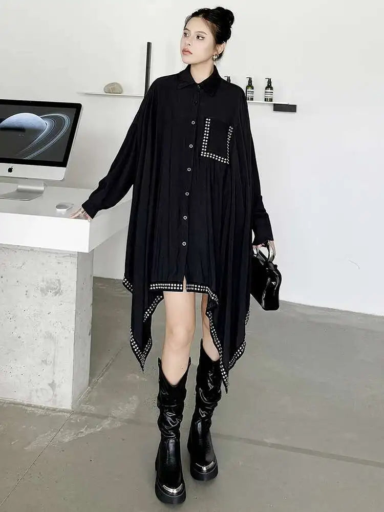 Women Black Irregular Hem Rivet Pocket Big Size Shirt Dress New Lapel Long Sleeve Fashion Tide Spring Autumn 2025 1DH7268