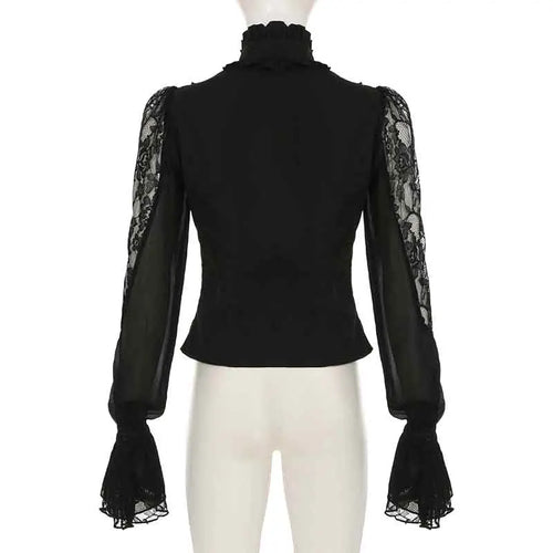 Load image into Gallery viewer, Chic French Lace Hook Flower Hollow Shirts Women Elegant Turtleneck Ruffles Trim Blouse Flared Sleeve Vintage Ruched
