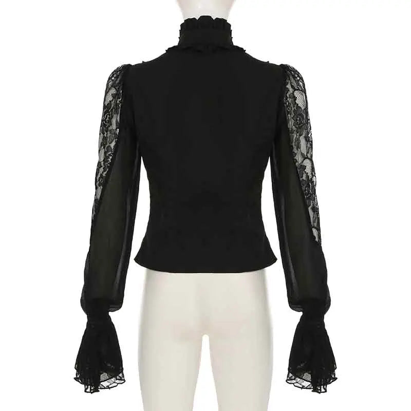 Chic French Lace Hook Flower Hollow Shirts Women Elegant Turtleneck Ruffles Trim Blouse Flared Sleeve Vintage Ruched