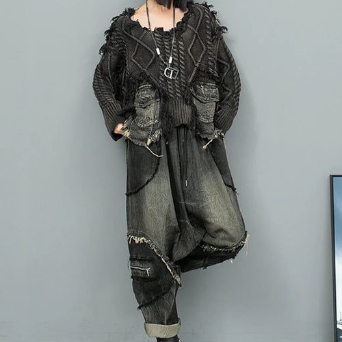 Load image into Gallery viewer, Black Denim Burr Big Size Knitting Sweater Round Neck Long Sleeve Women Pullovers New Fashion Spring Autumn 2025 1DH9546
