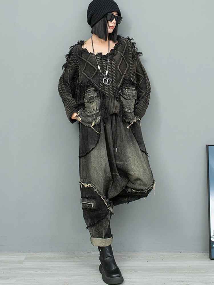 Black Denim Burr Big Size Knitting Sweater Round Neck Long Sleeve Women Pullovers New Fashion Spring Autumn 2025 1DH9546