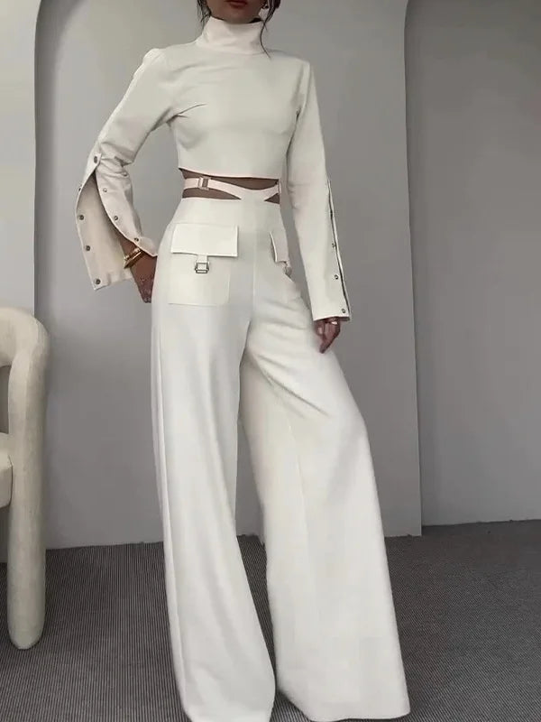 Fashion Button Long Pants Women Set New Stand Up Neck Long Sleeved Set Spicy Girl Strap Casual Set Street Two Piece Set