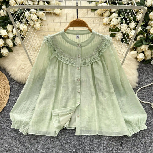 Load image into Gallery viewer, Vintage Sweet Solid Elegant Ruffle Edge Lace Tops Women Autumn New Round Neck Versatile Long Sleeved Single Breasted Shirt Trend
