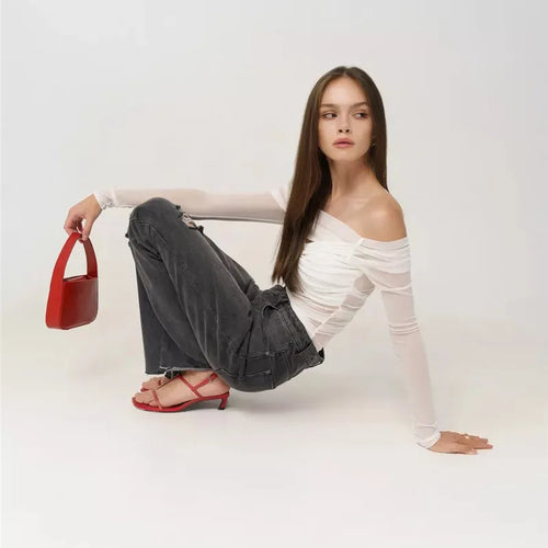 Load image into Gallery viewer, Summer Mesh Off-shoulder T-shirt Women Fashion Pleated Bust Backless Tees Tops Female Elegant Strapless See Through Top
