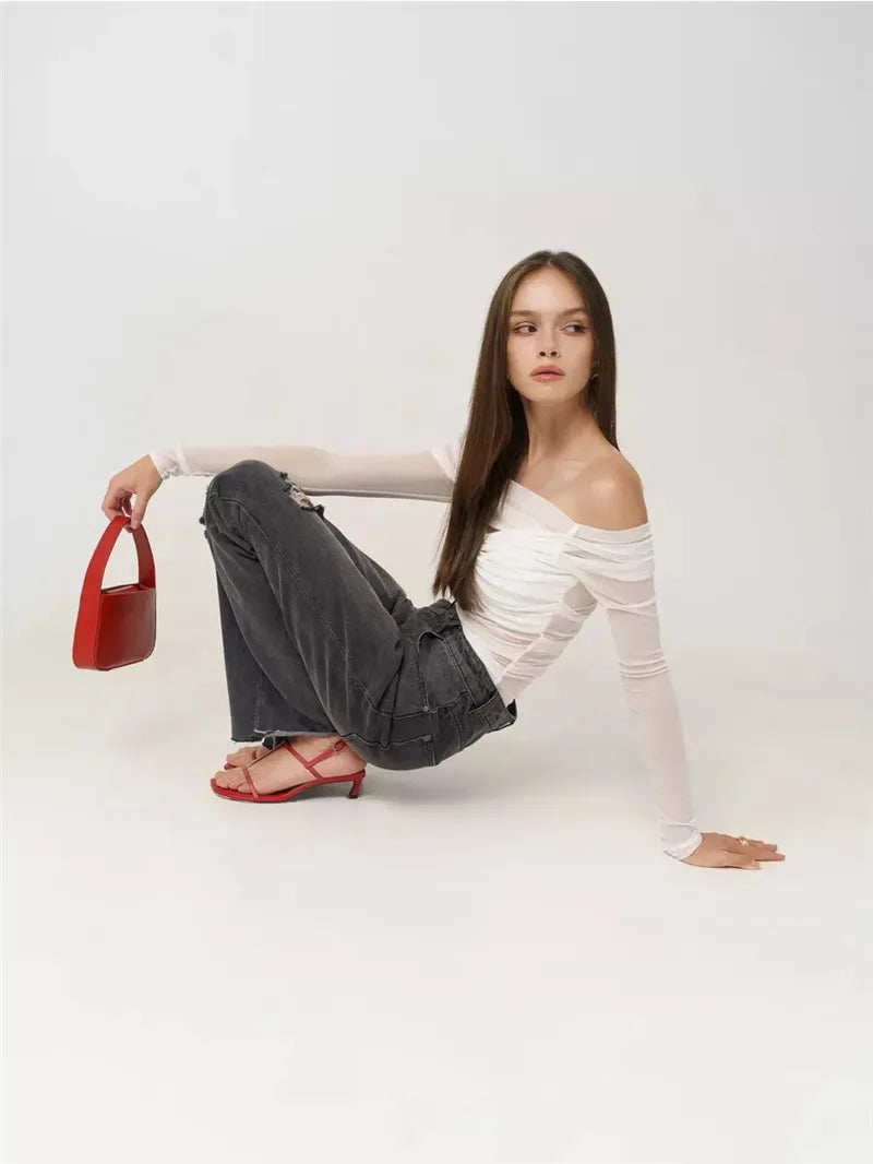 Summer Mesh Off-shoulder T-shirt Women Fashion Pleated Bust Backless Tees Tops Female Elegant Strapless See Through Top