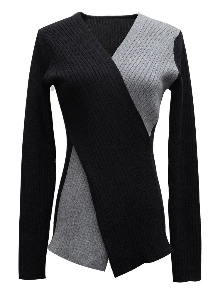 Slim Knitting Irregular Sweater For Women V Neck Long Sleeve Solid Minimalsit Pullover Female Clothing Fashion