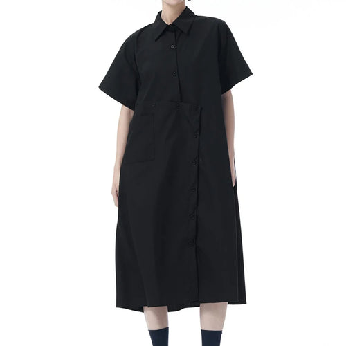 Load image into Gallery viewer, Women Black Irregular Button Big Size Midi Shirt Dress New Lapel Short Sleeve Fashion Tide Spring Summer 2025 1DJ0954
