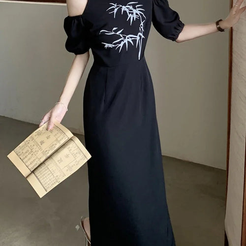 Load image into Gallery viewer, Chinese Style Halter Printing Women&#39;s Dresses Slim Waist Black Summer Chic Vacation Female Dress Elegant Streetwear
