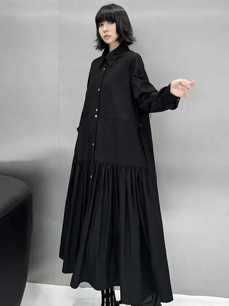 Women Black Big Size Elegant Shirt Dress Brief Pleated Hem New Lapel Long Sleeve Fashion Tide Spring Autumn 2025 1DH9327