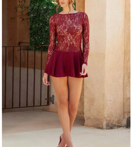 Sexy Lace Patchwork Long Sleeved Tight Skirt Women Temperament Round Neck Print Slim Mini Dress Female Spring New 2025