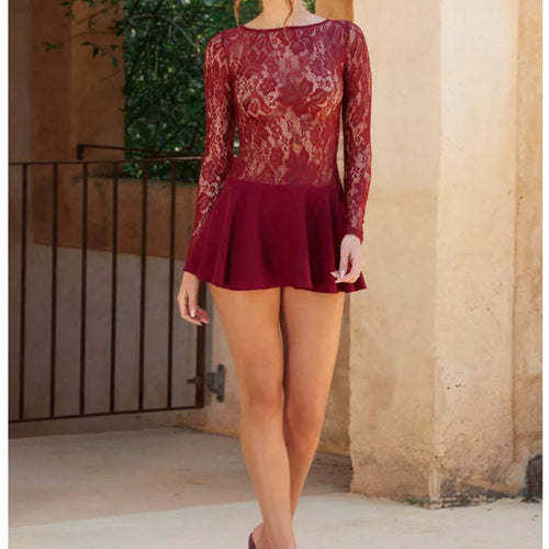 Load image into Gallery viewer, Sexy Lace Patchwork Long Sleeved Tight Skirt Women Temperament Round Neck Print Slim Mini Dress Female Spring New 2025
