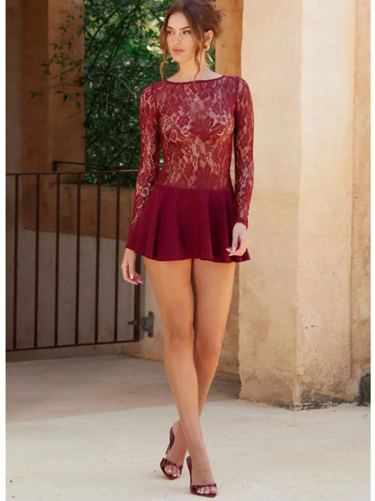 Sexy Lace Patchwork Long Sleeved Tight Skirt Women Temperament Round Neck Print Slim Mini Dress Female Spring New 2025