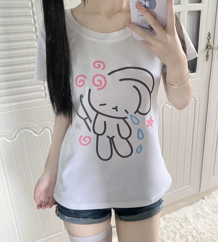 Cartoon Rabbit Woman T Shirt Fashion Summer Tees Short Sleeve O-neck Cottom Camisetas Y2k Tops Casual White Oversized T-shirts