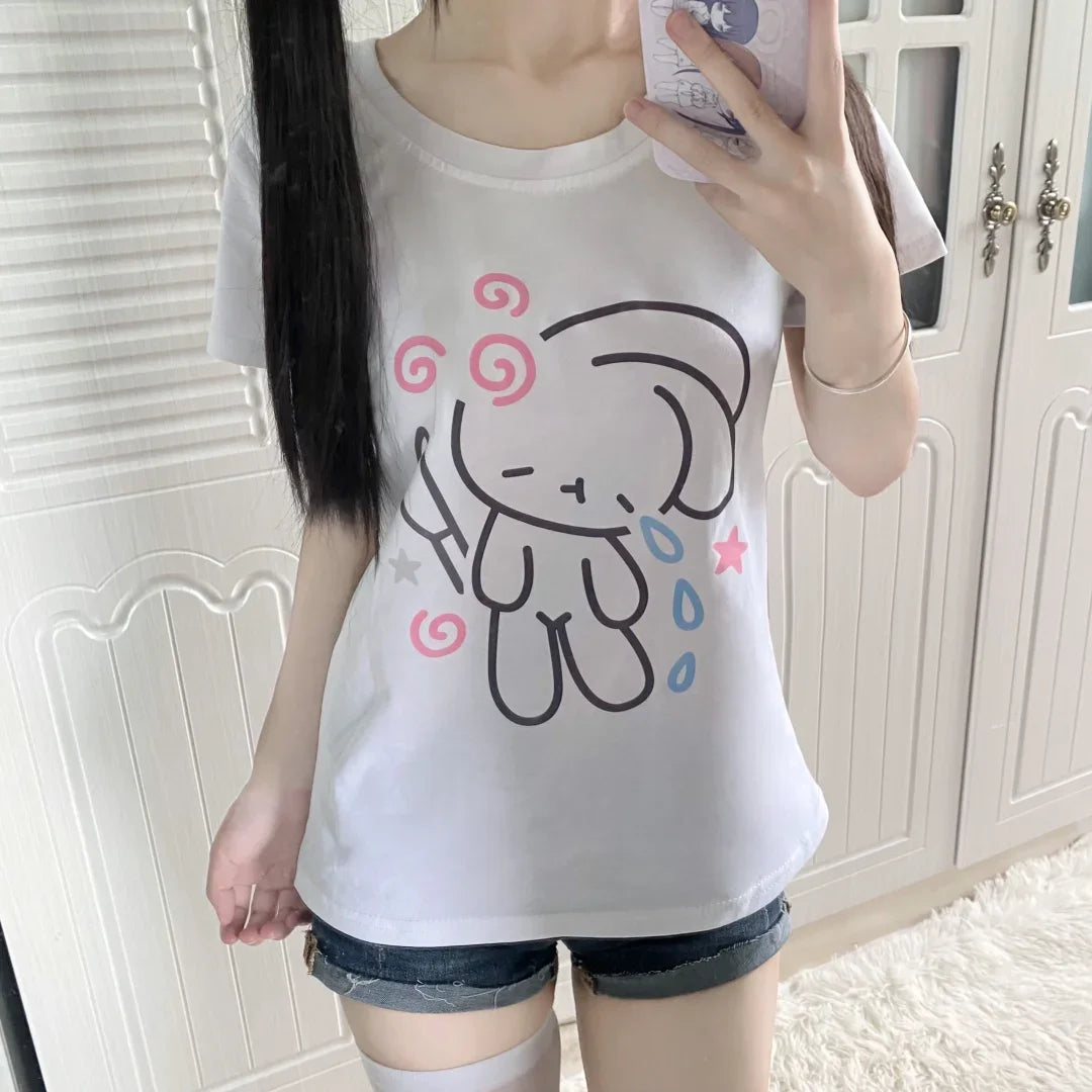 Cartoon Rabbit Woman T Shirt Fashion Summer Tees Short Sleeve O-neck Cottom Camisetas Y2k Tops Casual White Oversized T-shirts