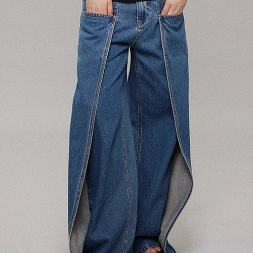 Load image into Gallery viewer, Loose Design Sense Minimalist Jeans for Women High Waist Spliced Pockets Fashion Wide Leg Jean Female Clothing New
