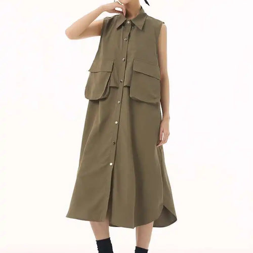 Load image into Gallery viewer, Women Black Shaped Pockets Big Size Midi Shirt Vest Dress New Lapel Sleeveless Fashion Tide Spring Autumn 2025 1DH9471
