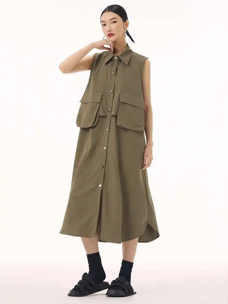 Women Black Shaped Pockets Big Size Midi Shirt Vest Dress New Lapel Sleeveless Fashion Tide Spring Autumn 2025 1DH9471