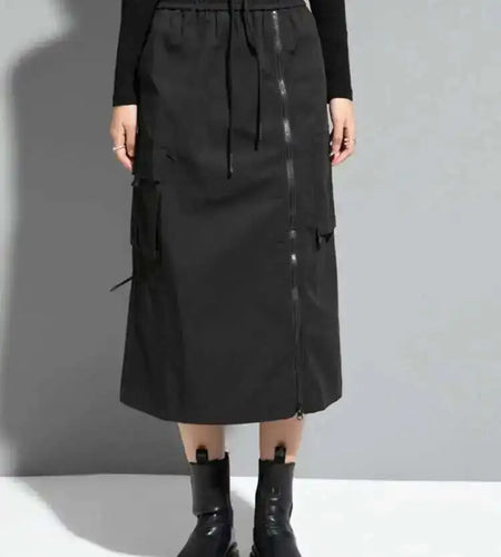 High Elastic Waist Black Zipper Long Spliced Long Casual Half-body Skirt Women Fashion Tide New Spring Autumn 2025 1DF1656
