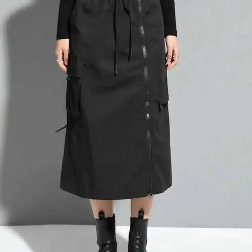 Load image into Gallery viewer, High Elastic Waist Black Zipper Long Spliced Long Casual Half-body Skirt Women Fashion Tide New Spring Autumn 2025 1DF1656
